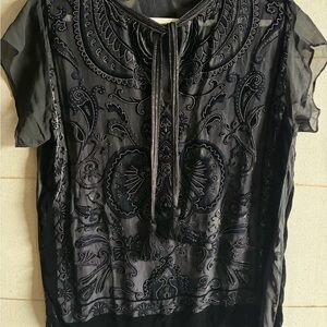 Calypso St. Barth Black Embroidered Tie-Neck Blouse